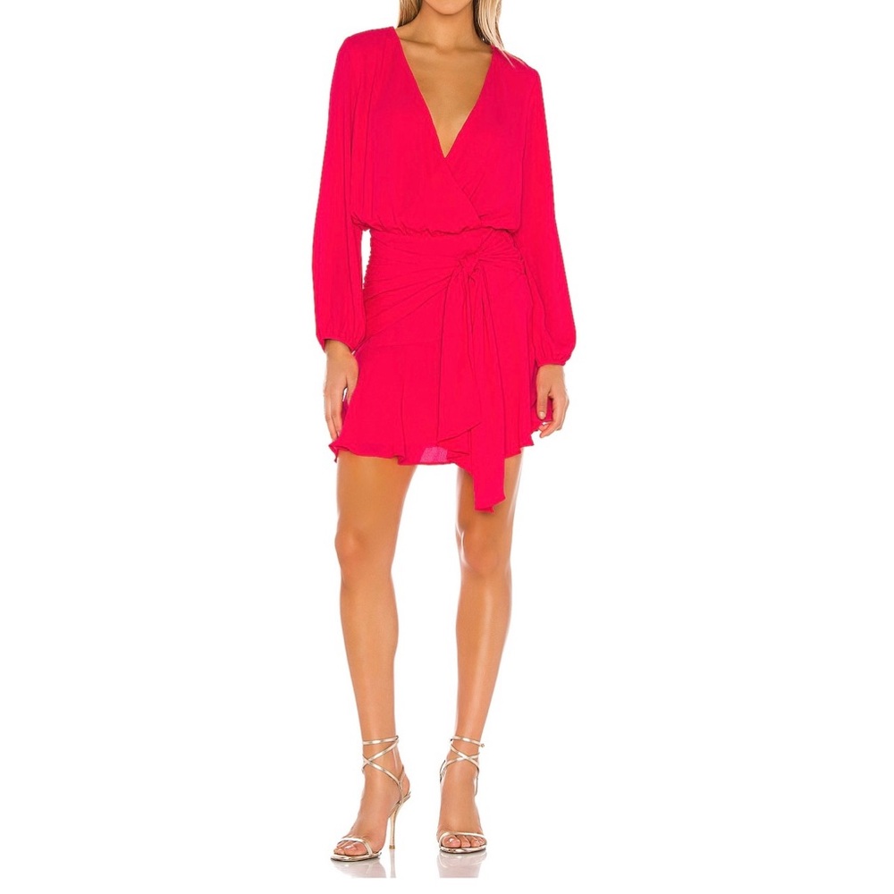 Krisa Tie Waist Surplice mini dress size small neon fuschia wrap dress